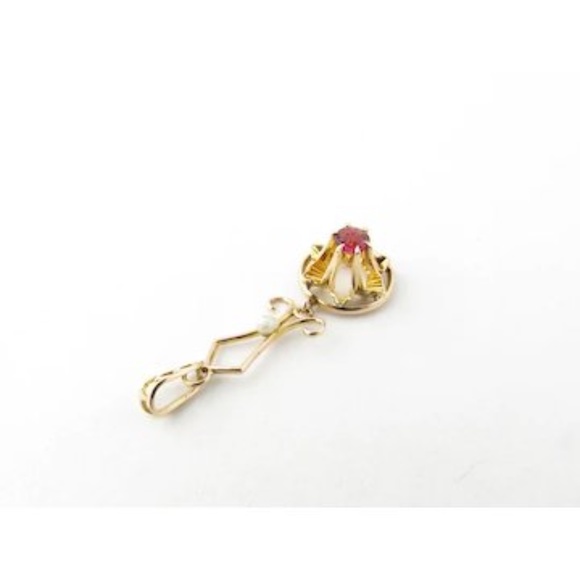 Vintage 10 Karat Yellow Gold Synthetic Ruby and Pearl Pendant #3044 - Picture 3 of 4